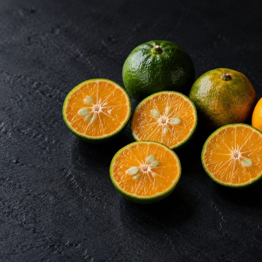 Several small calamansi, some whole with green rind, others halved to show orange flesh and pale seeds, on dark slate.