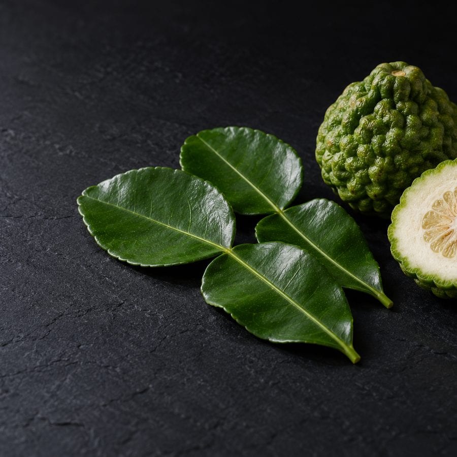Four glossy double lobed makrut lime leaves beside a whole knobbly green fruit and a cut half showing thick white pith, on dark slate.