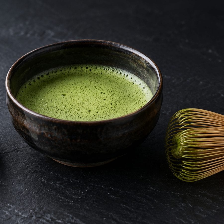 A dark glazed bowl of whisked matcha under a fine foam, a bamboo chasen lying beside it, on dark slate.