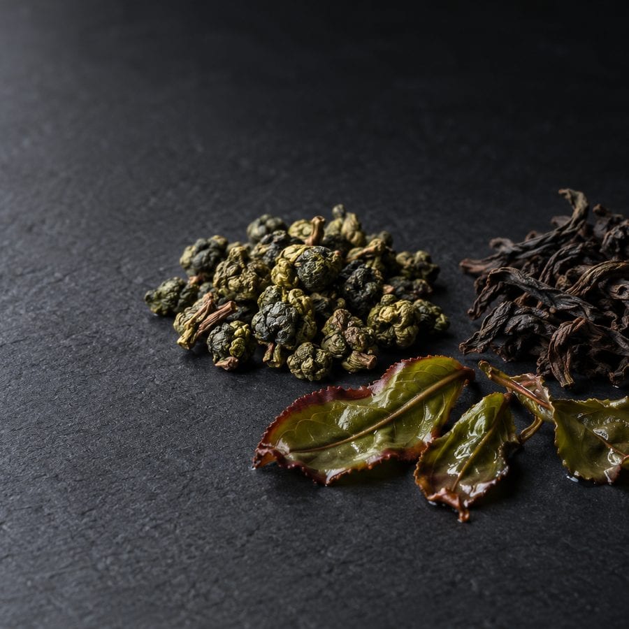 A heap of tightly rolled green oolong beside a heap of long dark twisted leaves, with three unrolled wet leaves in front, on dark slate.