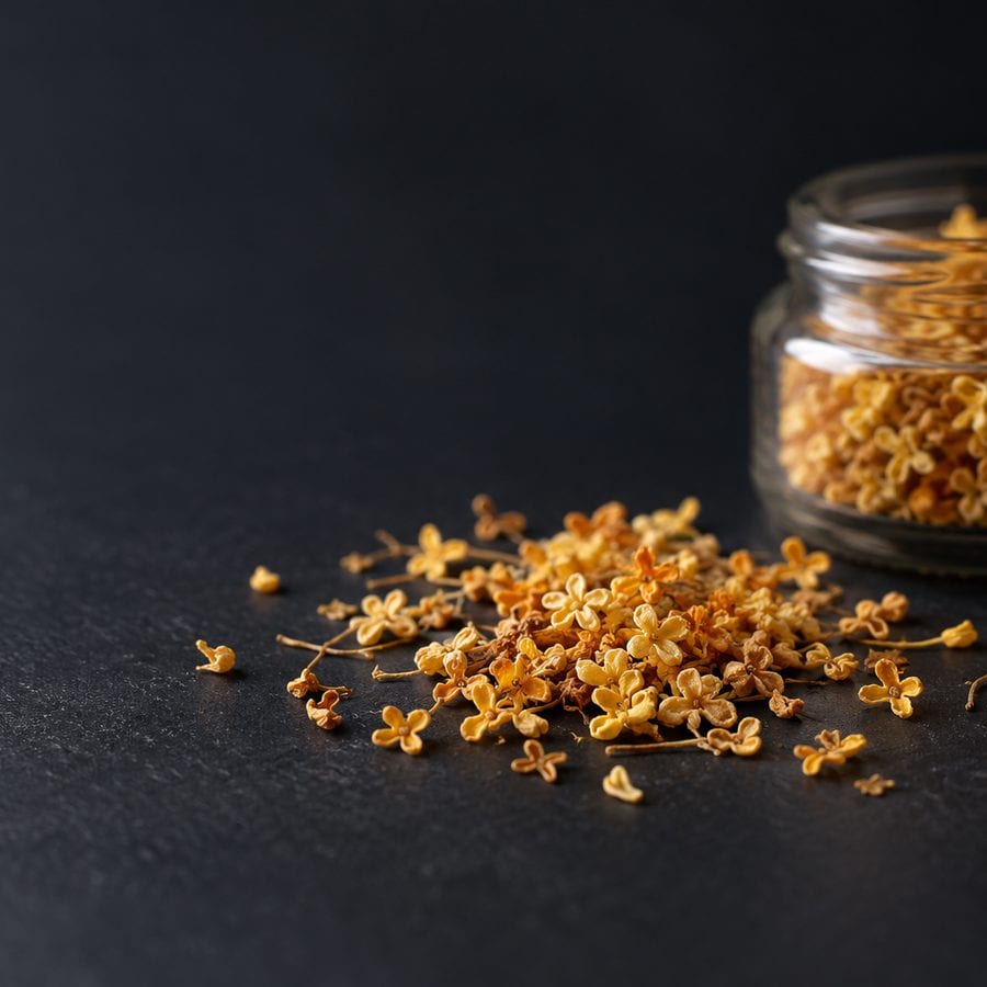 A scatter of small dried osmanthus flowers, pale gold and four petalled, beside an open glass jar holding more, on dark slate.