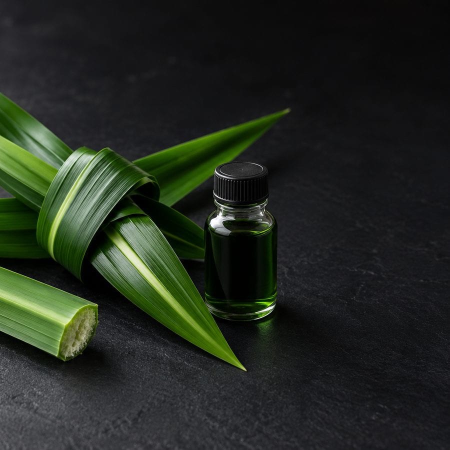 Long green pandan leaves, one tied in a knot, beside a cut stem section and a small dark bottle of extract, on dark slate.