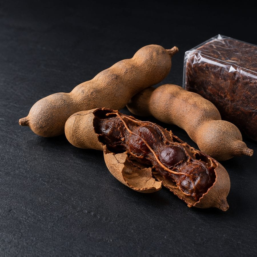 Four whole brown tamarind pods, one cracked open to show dark pulp and seeds, beside a wrapped block of pressed pulp, on dark slate.
