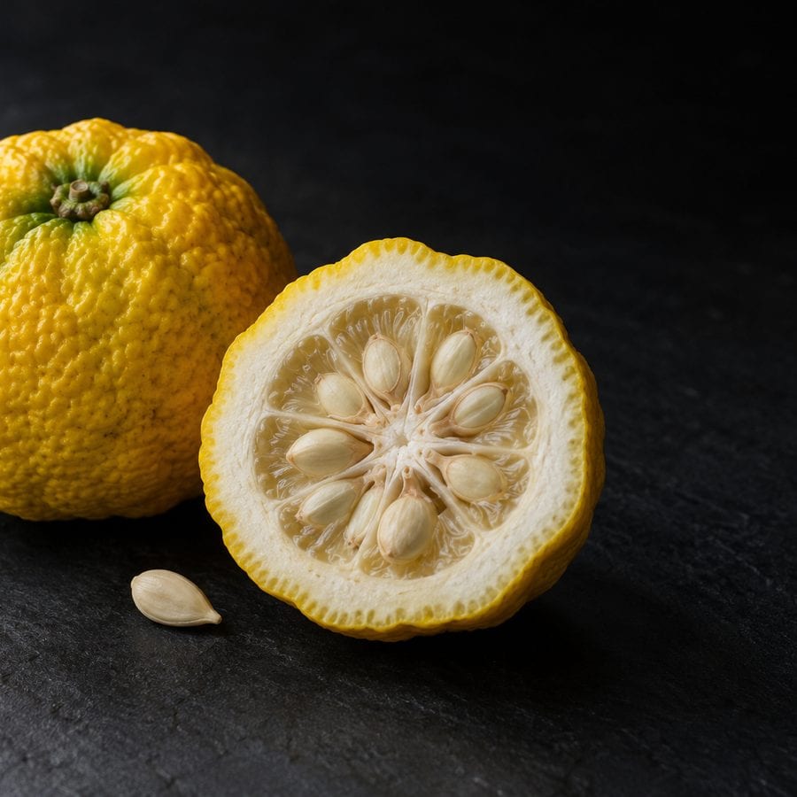 A whole yuzu with knobbly yellow rind beside a halved one showing thick pith and large pale seeds, on dark slate.