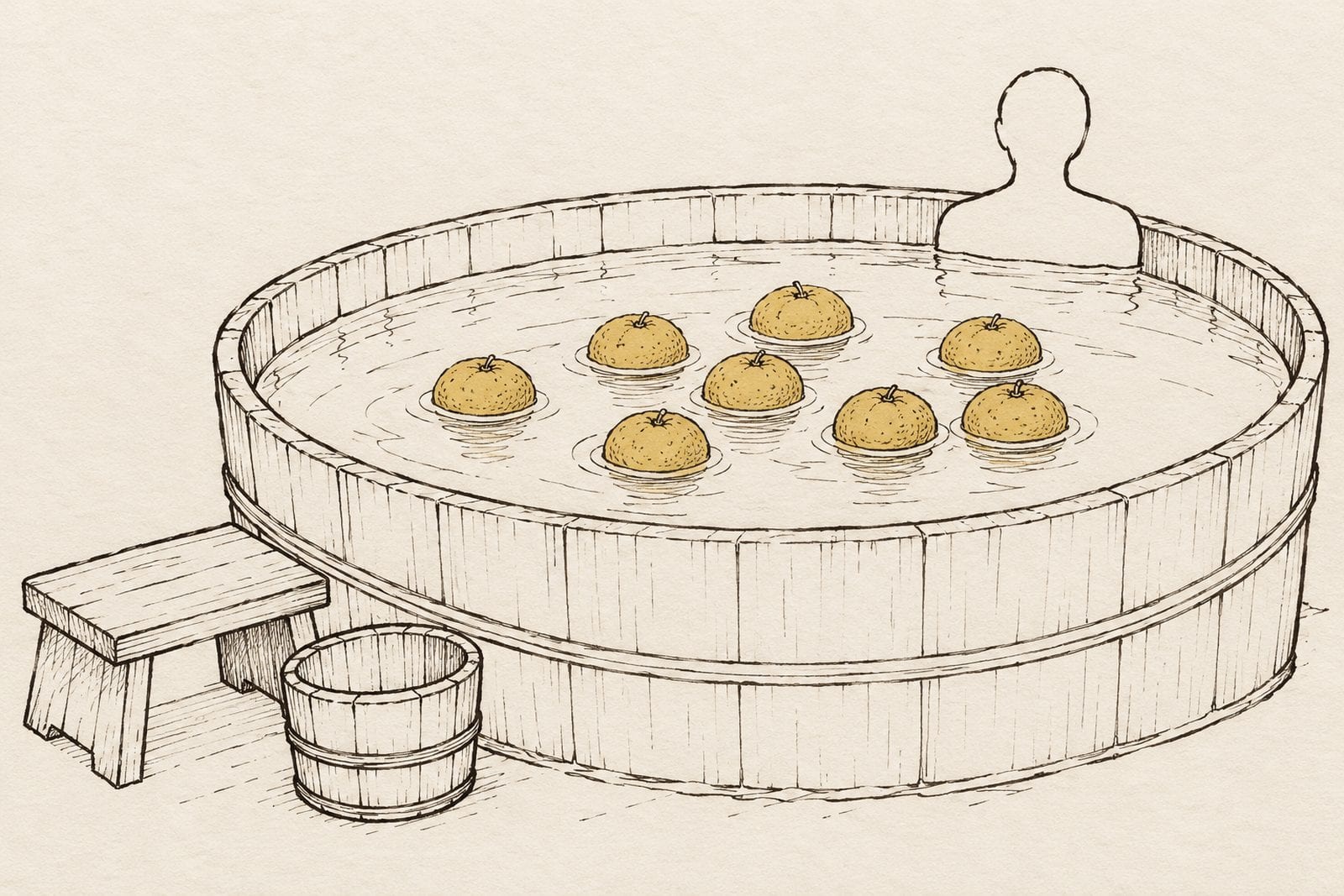 An ink drawing of a round wooden soaking tub with eight whole yuzu floating in it, a stool and a pail beside it, and an outlined figure at the far rim.
