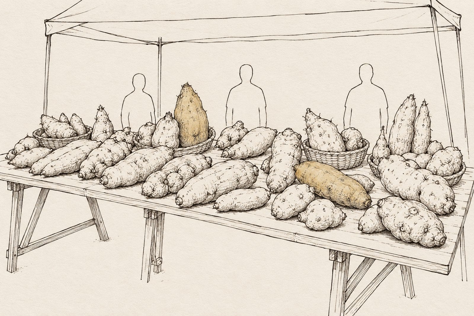 An ink drawing of a market trestle table under a canopy, loaded with dozens of yams drawn in outline, two of them colored ochre, with three outlined figures standing behind it.