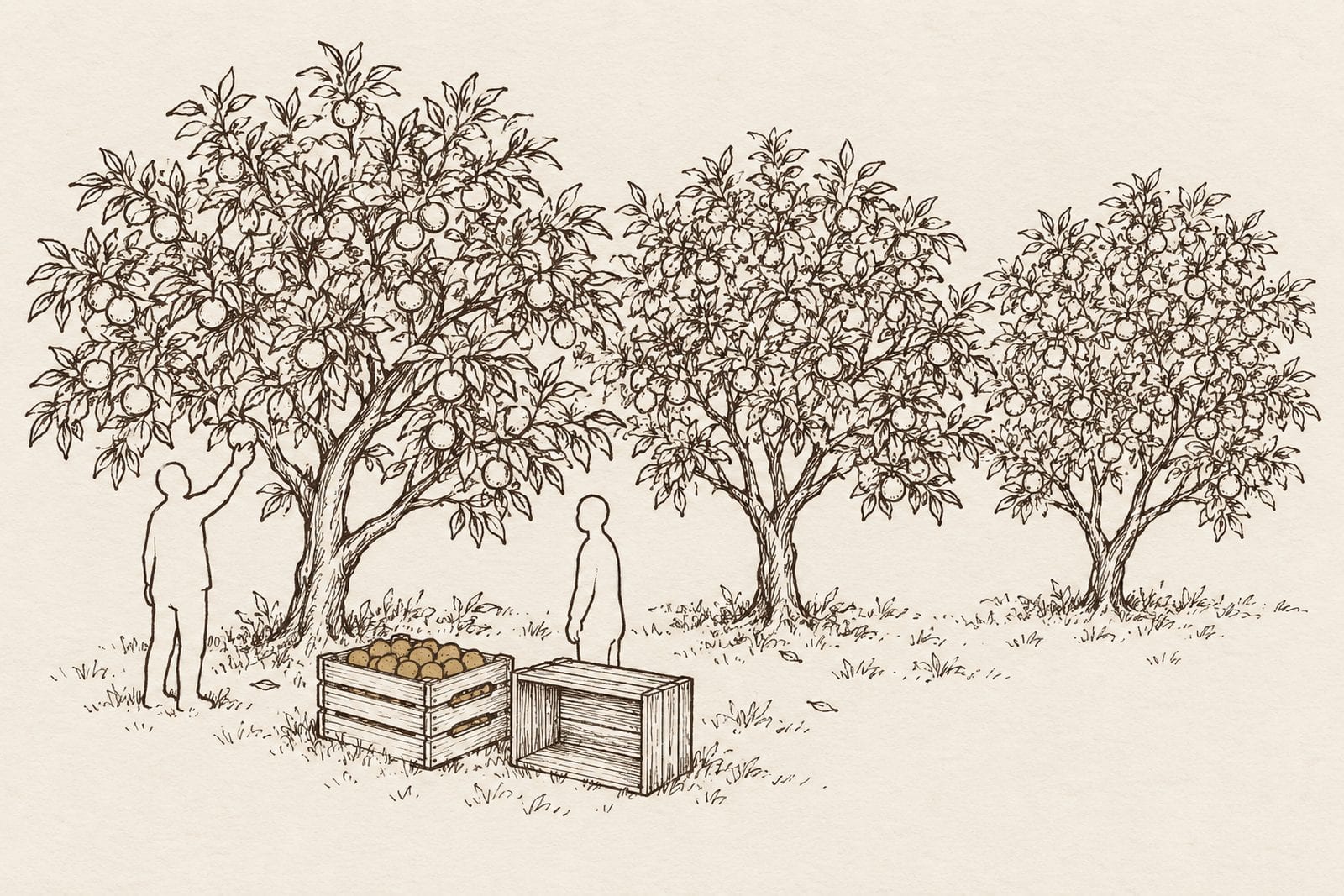 An ink drawing of three citrus trees in fruit with two outlined figures picking, and wooden crates beside them, one full and one empty.