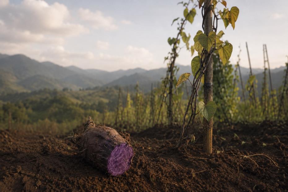 A field of ube vines under cultivation on terraced land in Bohol.